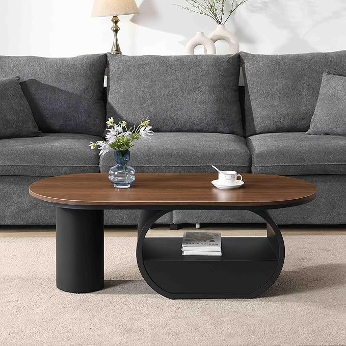 Modern Oval Coffee Table, 47.24" Brown Wood Top Coffee Table