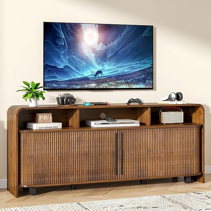 Walnut TV Stand for 65 70 75 Inch TV, Fluted Mid Century Modern TV Console
