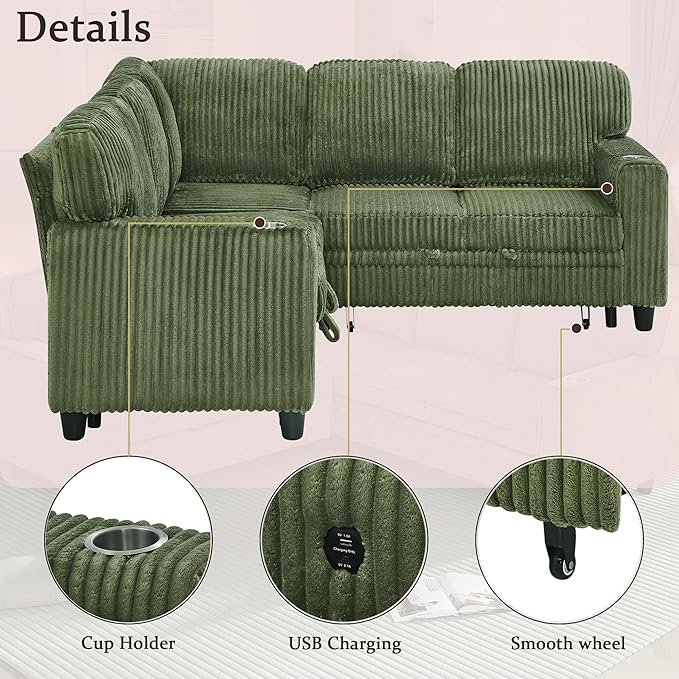 L-Shaped Sectional Couch with Storage and Pull Out Bed, Convertible Sofa Bed