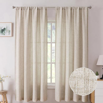 Tollpiz Short Linen Curtain Living Room Rod Pocket Semi Sheer Curtains Burlap Light Filtering Thick Linen Drape for Bedroom, 54 x 45 inches Long, Natural, Set of 2 Panels