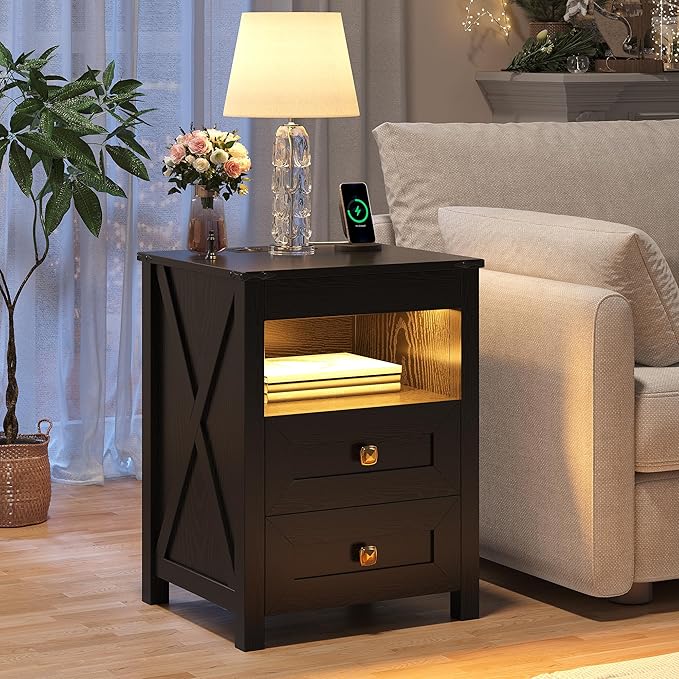 HWB LED Nightstand with Gun Drawer: Bedside Table with Charging Station