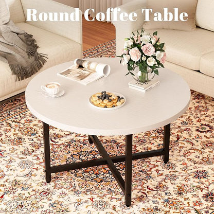 FAMIDGE Round Coffee Table, Small Coffee Tables for Living Room, Low Wood Coffee Table with Metal Frame, Floor Table Desk for Sitting on The Floor, Home, Office, White(23.6" D x 17.7" H)