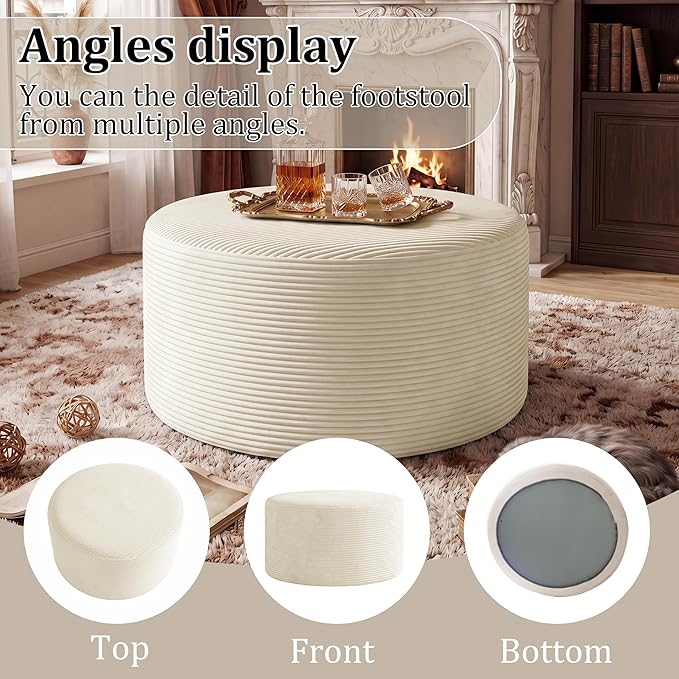 BSHOMGI Round Ottoman, Corduroy Ottomans Foot Stool, 27.5" Pouf Footstool