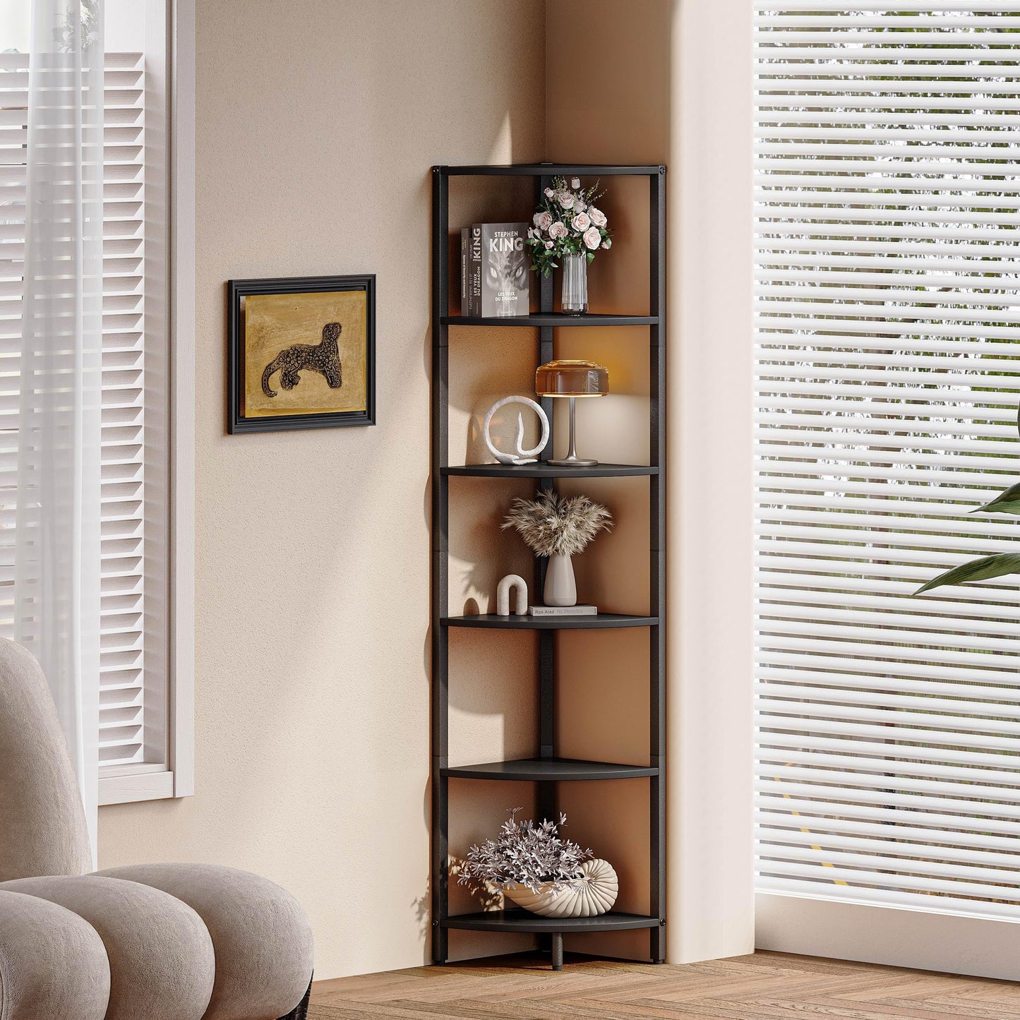 IRCPEN 6 Tier Corner Shelf 63.1" Tall Corner Shelves Stand Ladder Shelf Standing Bookshelf Organizer Display Rack Bookcase Plant Stand Industrial Rustic Style for Living Room Bedroom Black CS-001BW