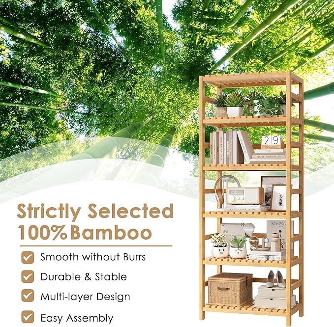 FOTOSOK 6-Tier Bamboo Shelf, Bamboo Bookcase