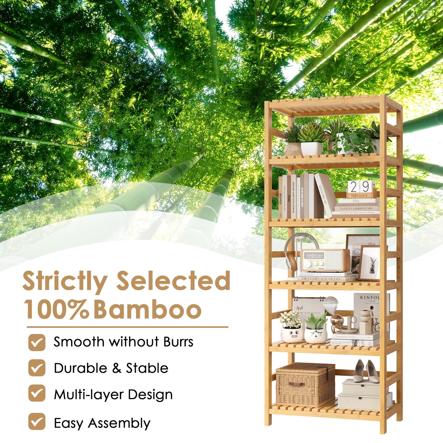 FOTOSOK 6-Tier Bamboo Shelf, Bamboo Bookcase with Adjustable Shelves, Free Standing Storage Shelf Unit, Plant Flower Stand for Kitchen, Bathroom, Home Office, Natural