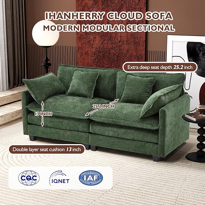 Ihanherry Cloud Sofa 77 Inch Loveseat, Modern Sectional Couch, 2-Seats Sofa