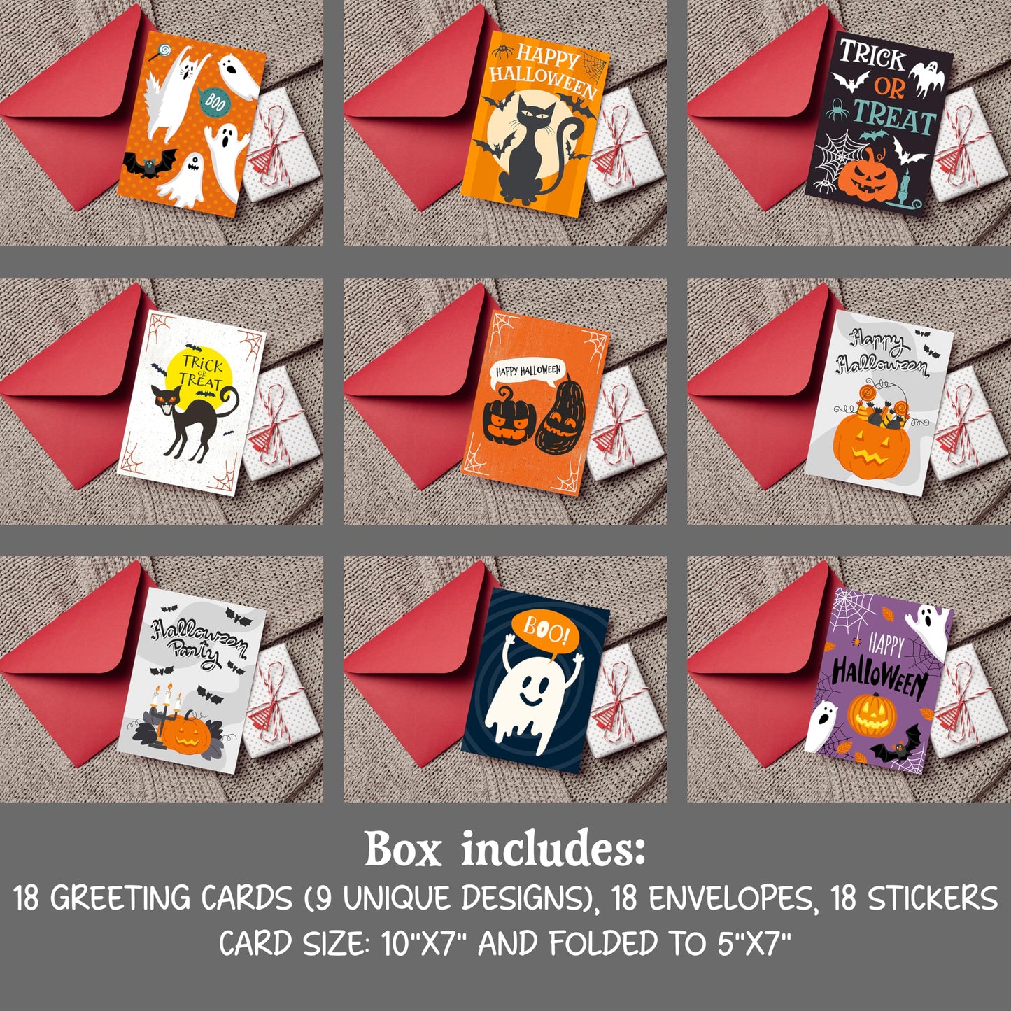 Halloween Cards with Envelopes, 18-Pack 5x7 Greeting Cards with Stickers