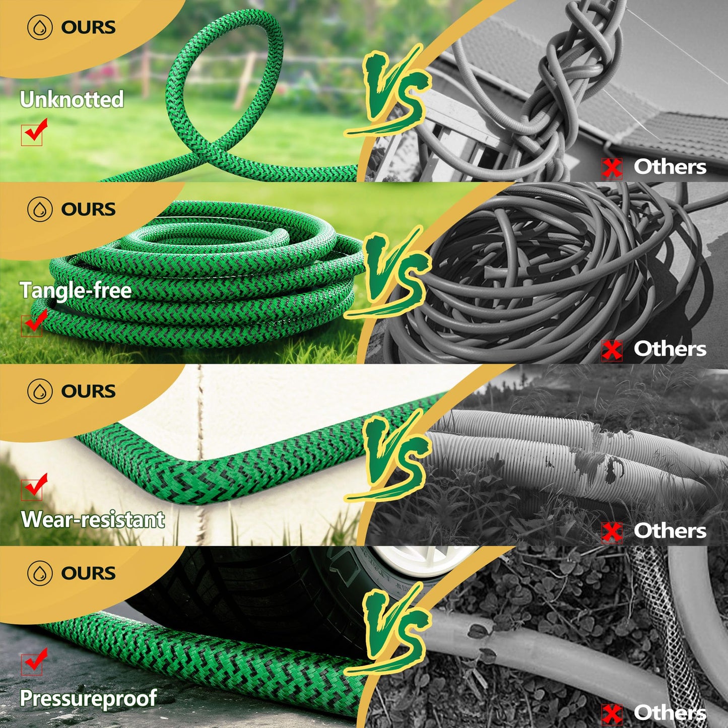 Non-Expandable Garden Hose 25ft, Flexible Water Hose with High-Density Fabric & Leak-Proof Metal Interface, Kink Resistant Wearproof Water Pipe for Gardening, Car Wash, Lawn, Yard