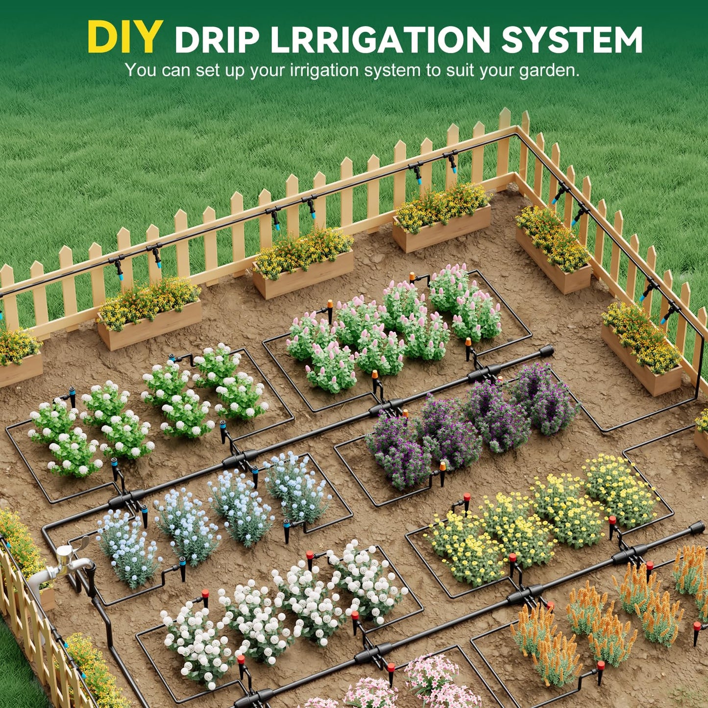 Drip Irrigation System for Garden, 2026-Upgraded Quick Connect Garden Watering Kit All-in-One with 1/2 inch 1/4 inch Irrigation Tubing for Garden, Lawn, Greenhouse, Raised Beds (233FT)
