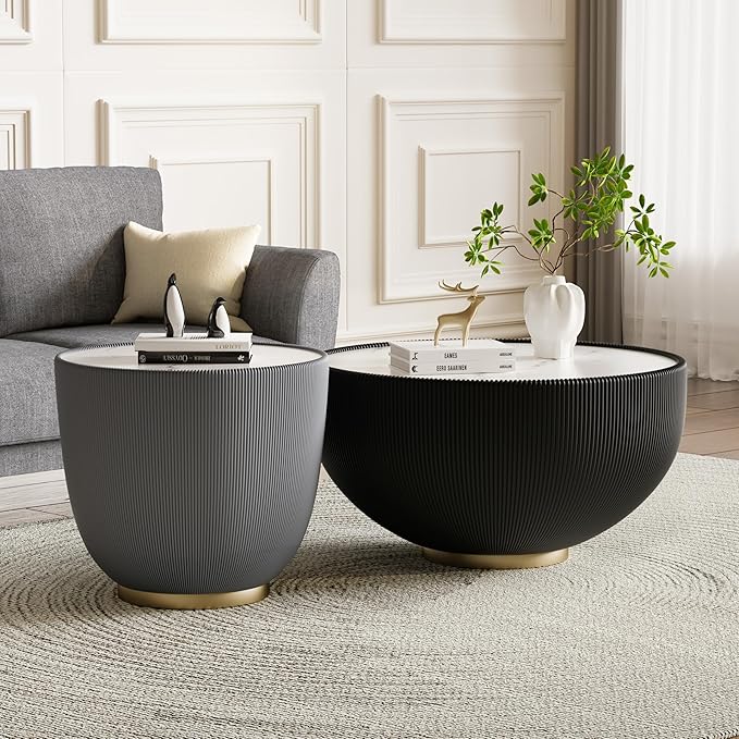 SSLine Bowl-Shape Coffee Table Set of 2 Modern Sintered Stone Top Nesting