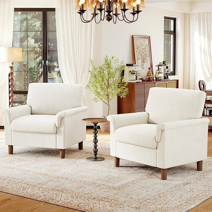 Mid Century Modern Accent Chairs Set of 2, Chenille Comfy Living Room Arm Chairs