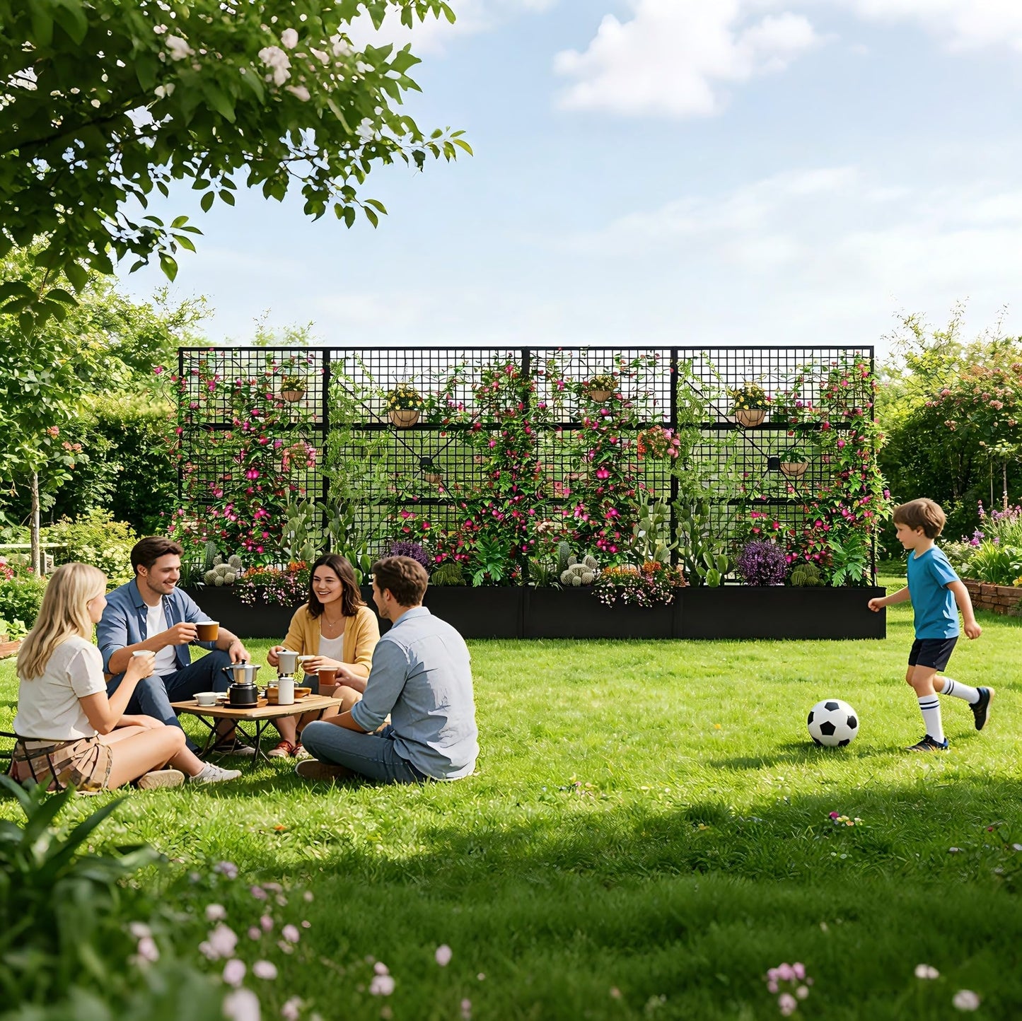 Privacy Planters for Patio – Metal Raised Garden Bed with Trellis and Privacy Screen, 71" x 35" x 16" Planter Box with Drainage Holes for Climbing Plants, Vegetables, and Vines, Outdoor Backyard Black