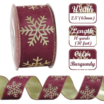 AIMUDI Burgundy and Gold Christmas Velvet Ribbon Wired 2.5 Inch Glitter Snowflake Wired Ribbon for Wreaths, Christmas Tree, Gift Wrapping, Garland, Holiday Crafts, Topper Bows, 10 Yards