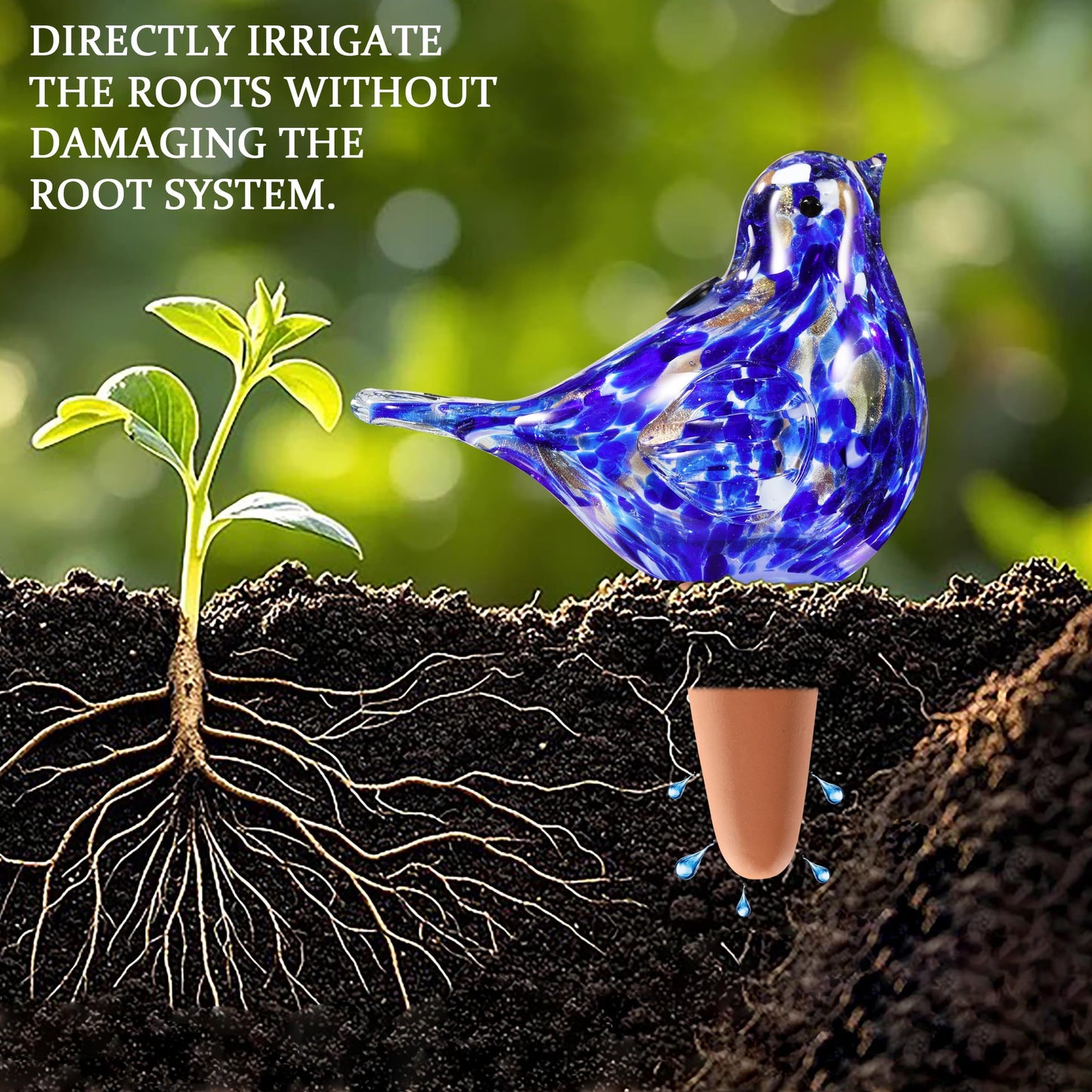 Plant Watering Globes, Bird Glass Self Watering Planter Insert - Glass Plant Water Globes for Daily Use, Planter Spikes to Support Indoor & Outdoor Plant Health, Dark Blue