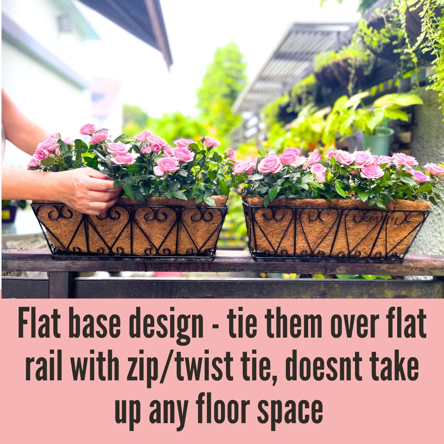 LaLaGreen Wal Planters - 4 Pack, 16 Inch Deck Railing Hanging Basket, Window Flower Boxes Outdoor Black Metal Plant Pot Holder Coco Liner Fence Planter Balcony Garden Patio Porch Farmhouse Boho Decor