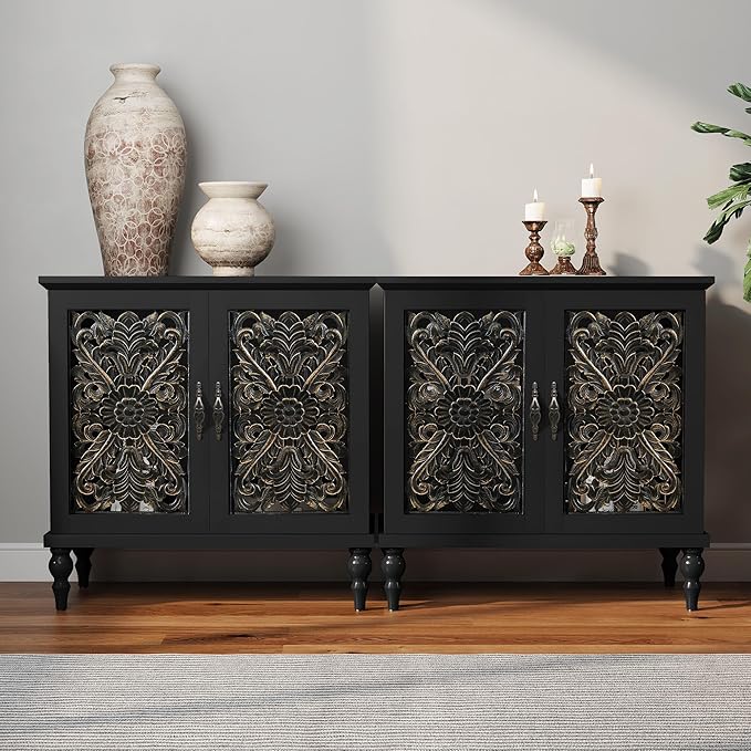 ARTPOWER Accent Cabinet with 2 Doors, Vintage Carved Wood Storage Cabinet