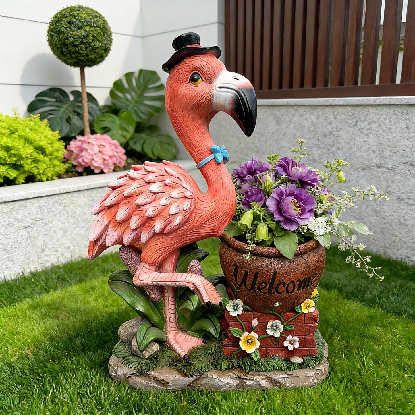 UNOIRNM Flamingo Welcome Planter Garden Statue - with Top Hat & Blue Bowtie – Lifelike 26.8” Tall, Weather-Resistant Resin – Perfect for Outdoor Lawn, Patio, & Porch Décor – Black top hat