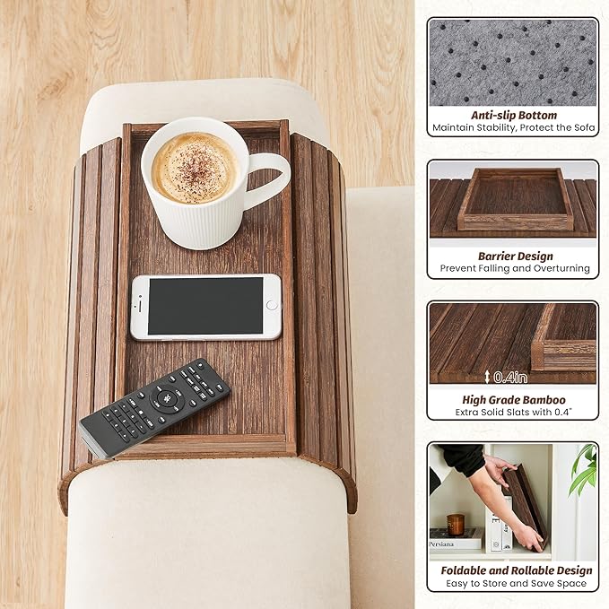 GEHE Bamboo Sofa Arm Tray, Foldable Couch Arm Tray Side Table, Anti-Falling