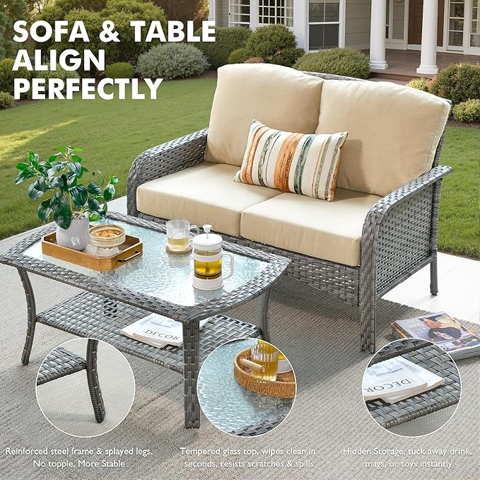 Weaxty Wicker Patio Furniture Set High Back Loveseat Sofa Couch Armchair Coffee