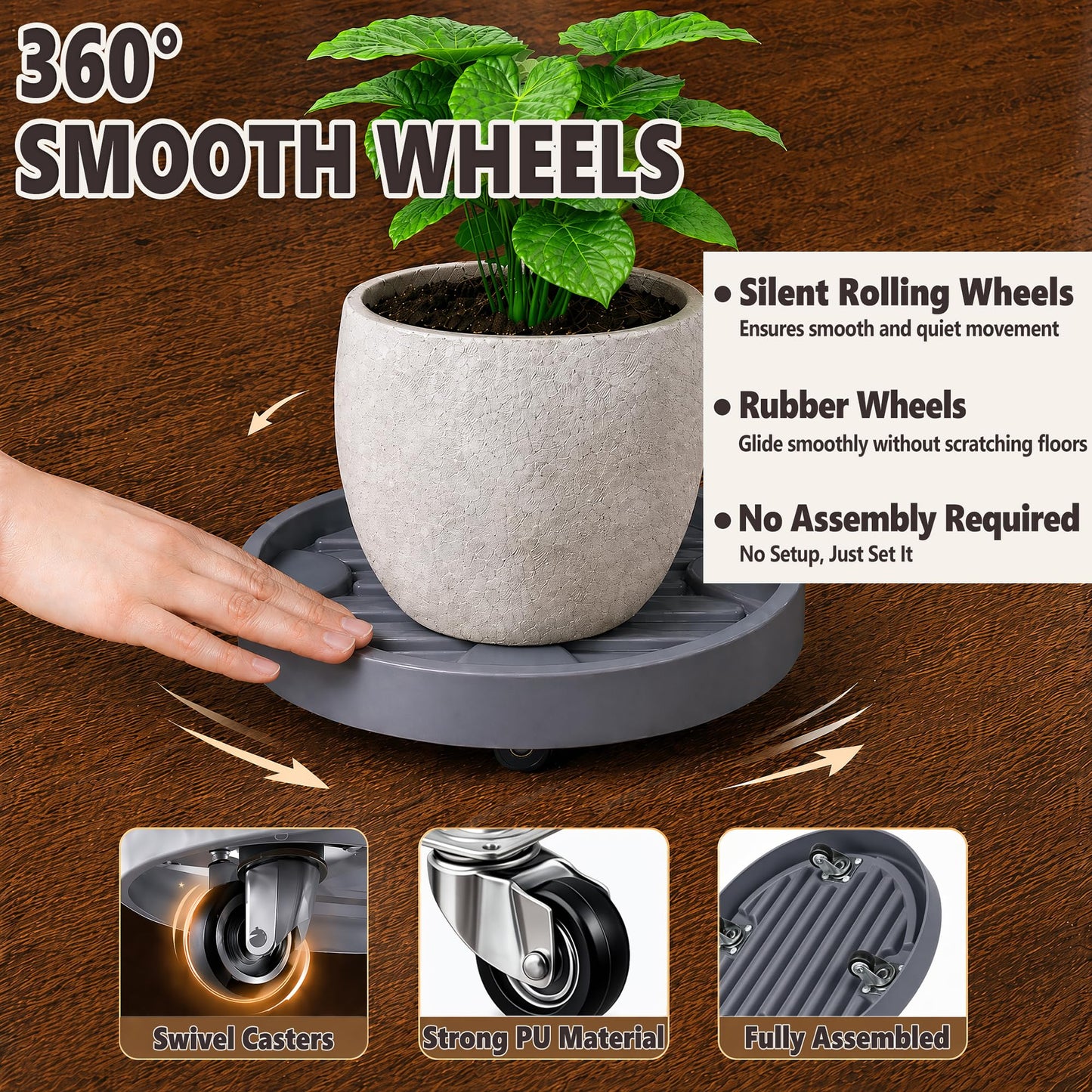 Dcpes 12Inch Plant Caddy with Hidden Wheels, Rolling Plants Stand with Wheel, 4 Invisible Casters, Indoor Plant Saucers on Wheels, Heavy Duty Wheeled Plant Dolly, Planter Roller Base, Gray, 2Pack
