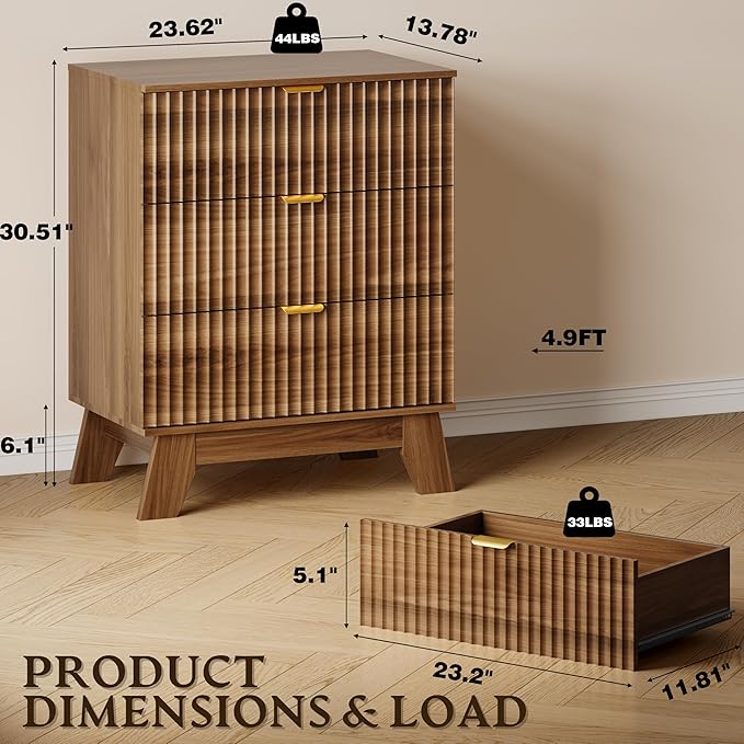 BORNOON Fluted 3 Drawer Dresser, 30.3" Tall Compact Modern Boho Chest of Drawers