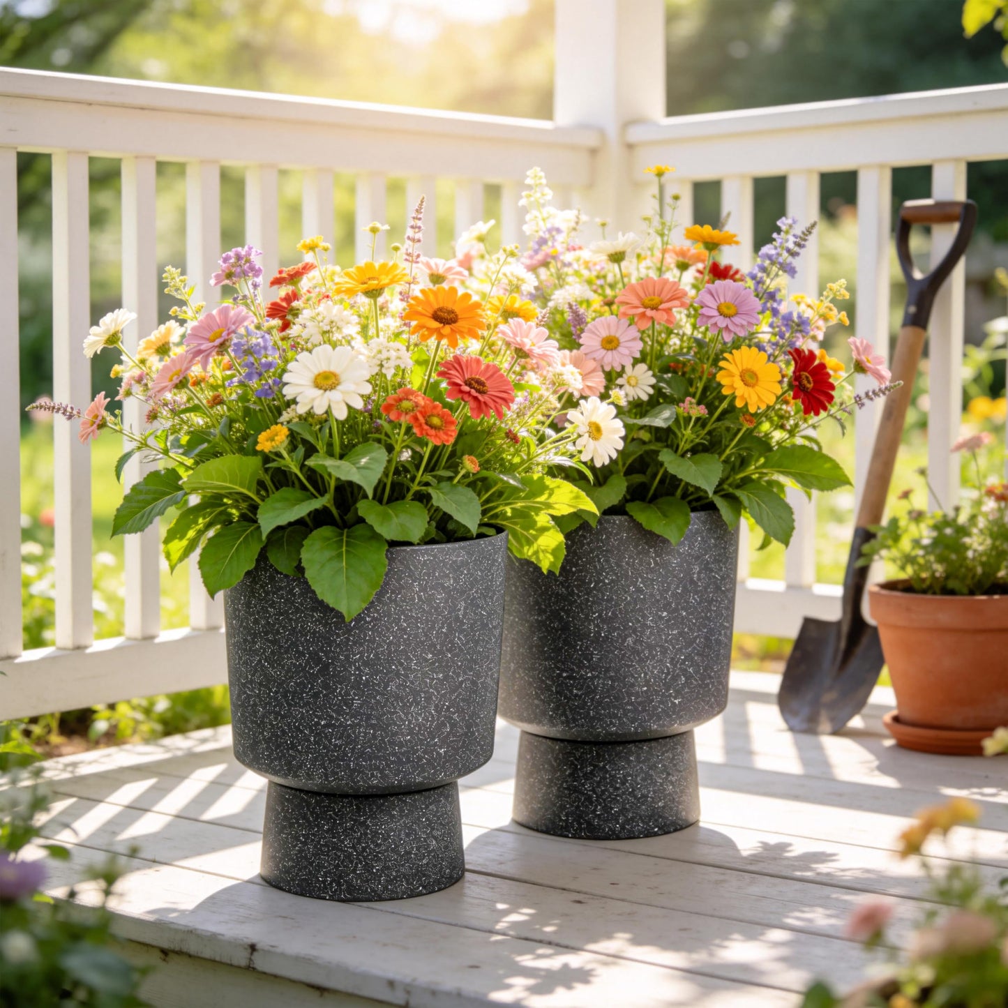 Ultym 16.8" Large Planters Set of 2 Modern Pedestal Plant Pots with Drainage Hole, Durable Plastic Flower Pots w/Terrazzo Finish, Weather-Resistant for Garden Patio Balcony Home Outdoor Indoor Decor