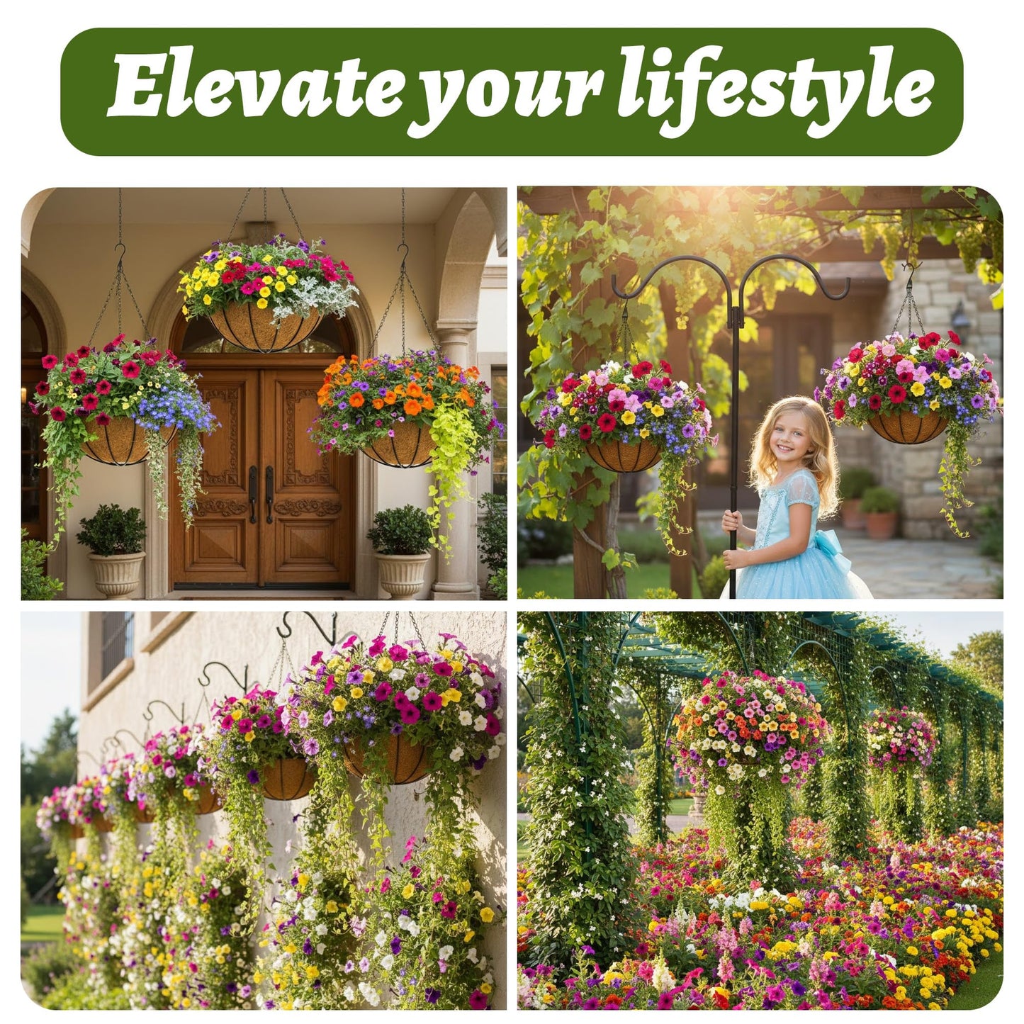 GYATSOCYG 4 Pack 12 Inch Brown Outdoor Metal Hanging Planter Basket Hanging Planters Flower Pot Round Modern Flower Holder Pot Garden Accessory（Watermelon Style）