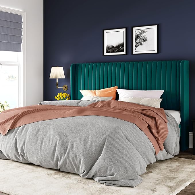 Allewie King Size Bed Frame/Velvet Upholstered Platform Bed/Vertical Channel