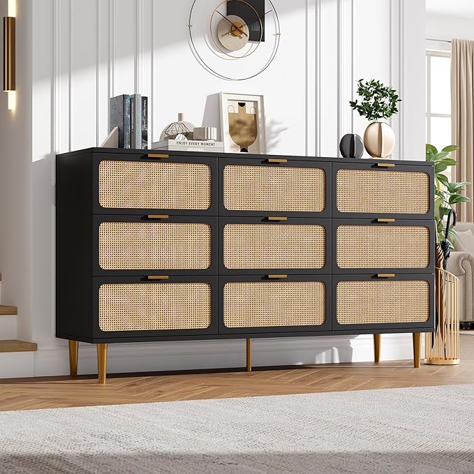 GarveeHome Rattan 9 Drawer Dressers