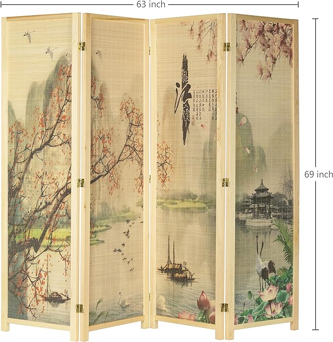 MyGift 4-Panel Folding Bamboo Room Divider Asian-Inspired Cherry Blossom Scene