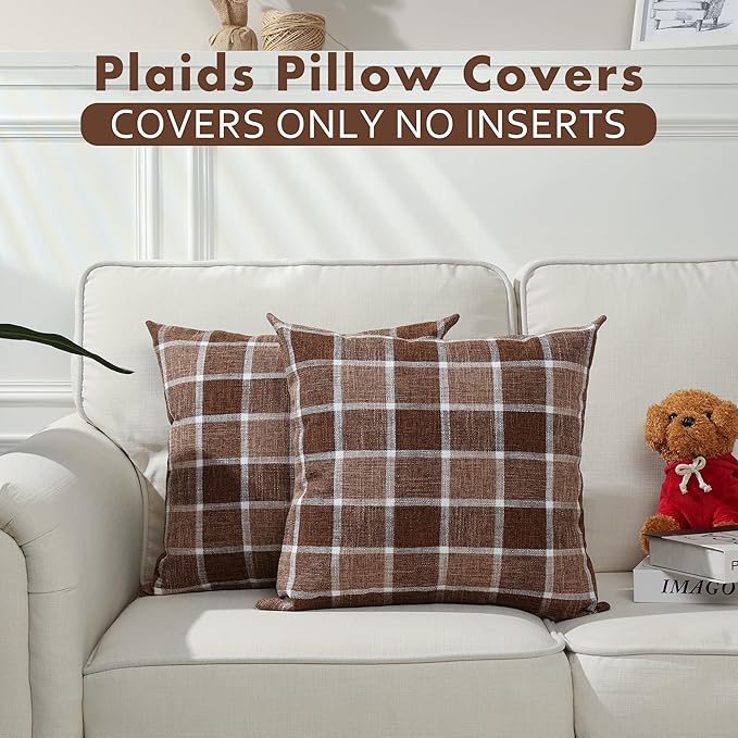 Stellhome Pack of 2 Linen Buffalo Check Throw Pillow Covers, Farmhouse Plaid