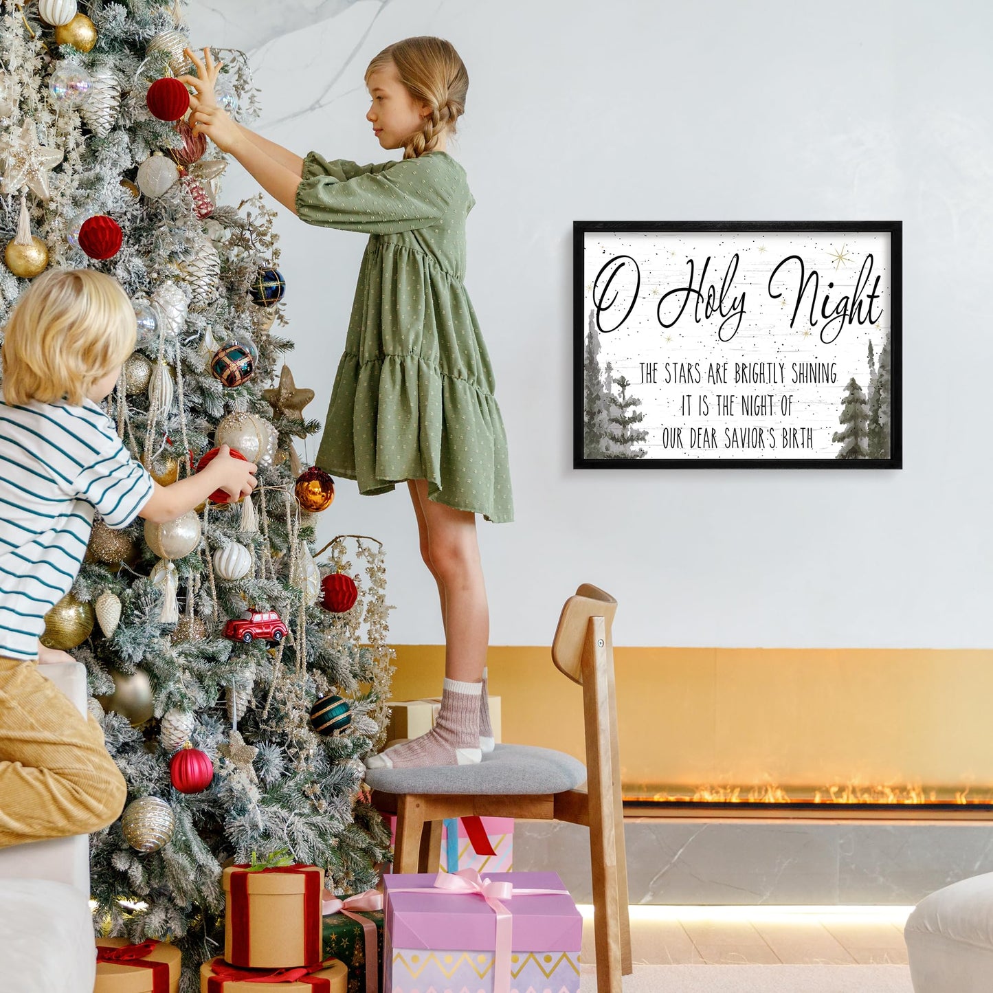 Ronasip Framed Christmas Wall Decor - O Holy Night Wooden Wall Art with Scripture (THE STARS ARE BRIGHTLY SHINING), Rustic Christmas Artwork, Xmas Home Decor, Winter Wall Sign (12"x16.5", Black)