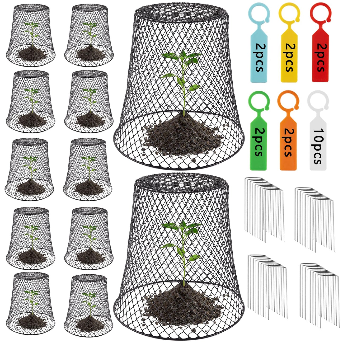 Cyrico 12 Pcs Plant Protectors from Animals, Chicken Wire Cloche Kit with Stakes and Labels, Metal Mesh Garden Cloches Keeps Out Rabbits, Squirrels and Birds for Seedlings Vegetables Flowers Outdoor
