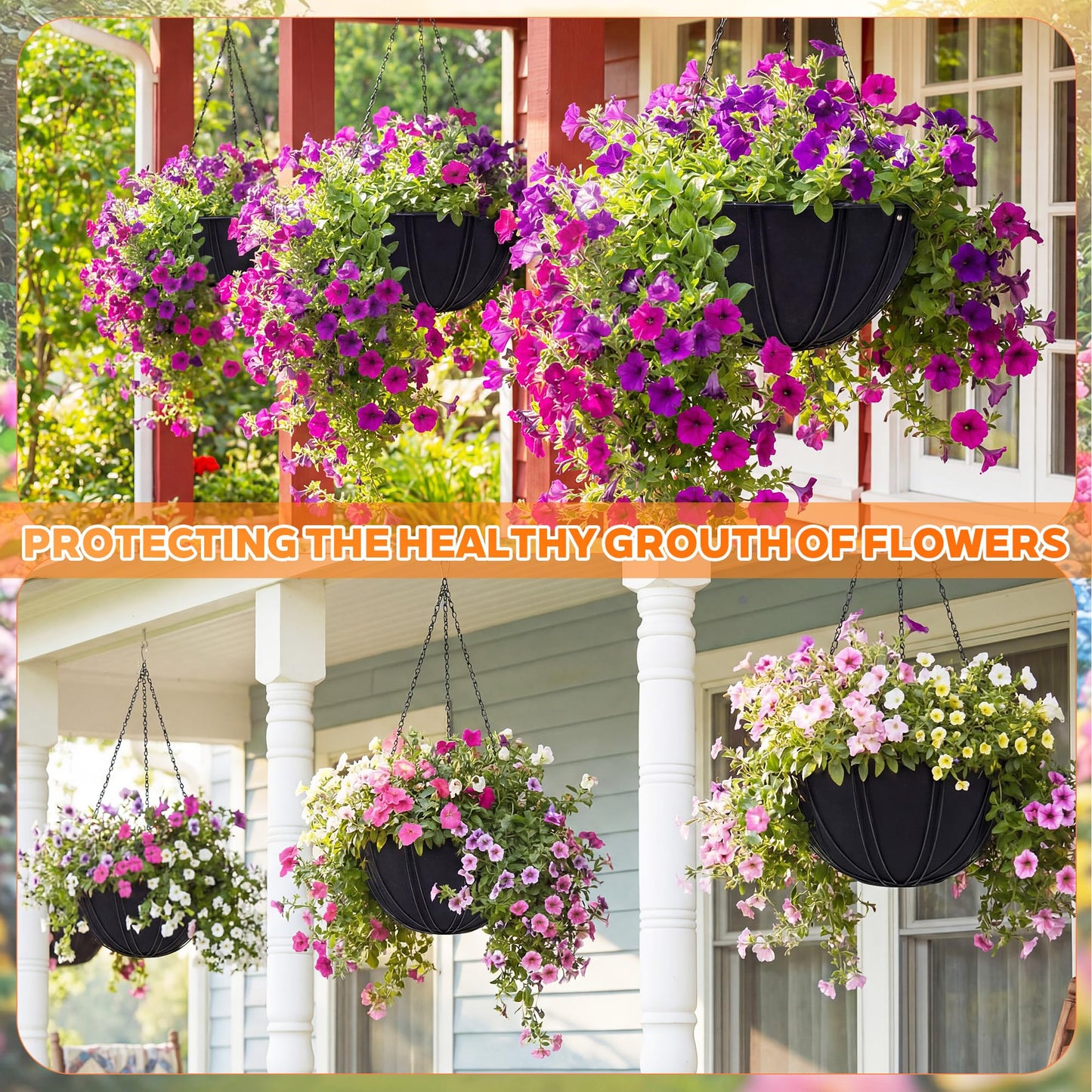 BreezeHug 6 Pack 14 Inch Hanging Basket Liners, Black Non Woven Planter Liners Replacement for Coconut Coir, Breathable Felt Round Pot Inserts with Snap Buttons Bird-Proof for Outdoor Garden