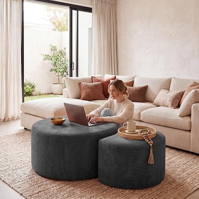 BSHOMGI Boneless Ottoman Nesting Coffee Table Set of 2, Corduroy Soft Foot Rest