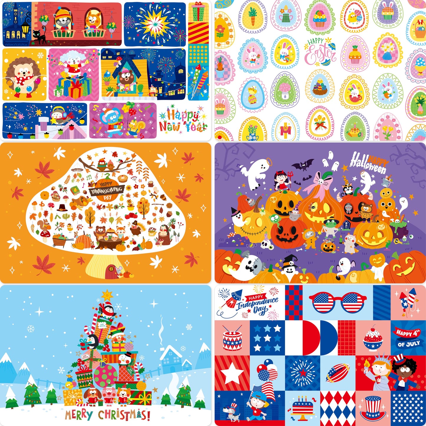 6 Pack Placemats for Kids, Non-Slip Washable Table Mats, Reusable Holiday Themed Dining Mats - Christmas, Halloween, Thanksgiving, Easter, Educational Placemats for Home, Classroom, Nursery