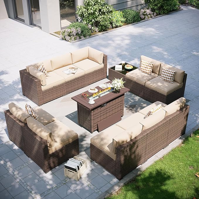 Aoxun Patio Furniture Set with Fire Pit Table, 12 Piece Outdoor Sectional Sofas