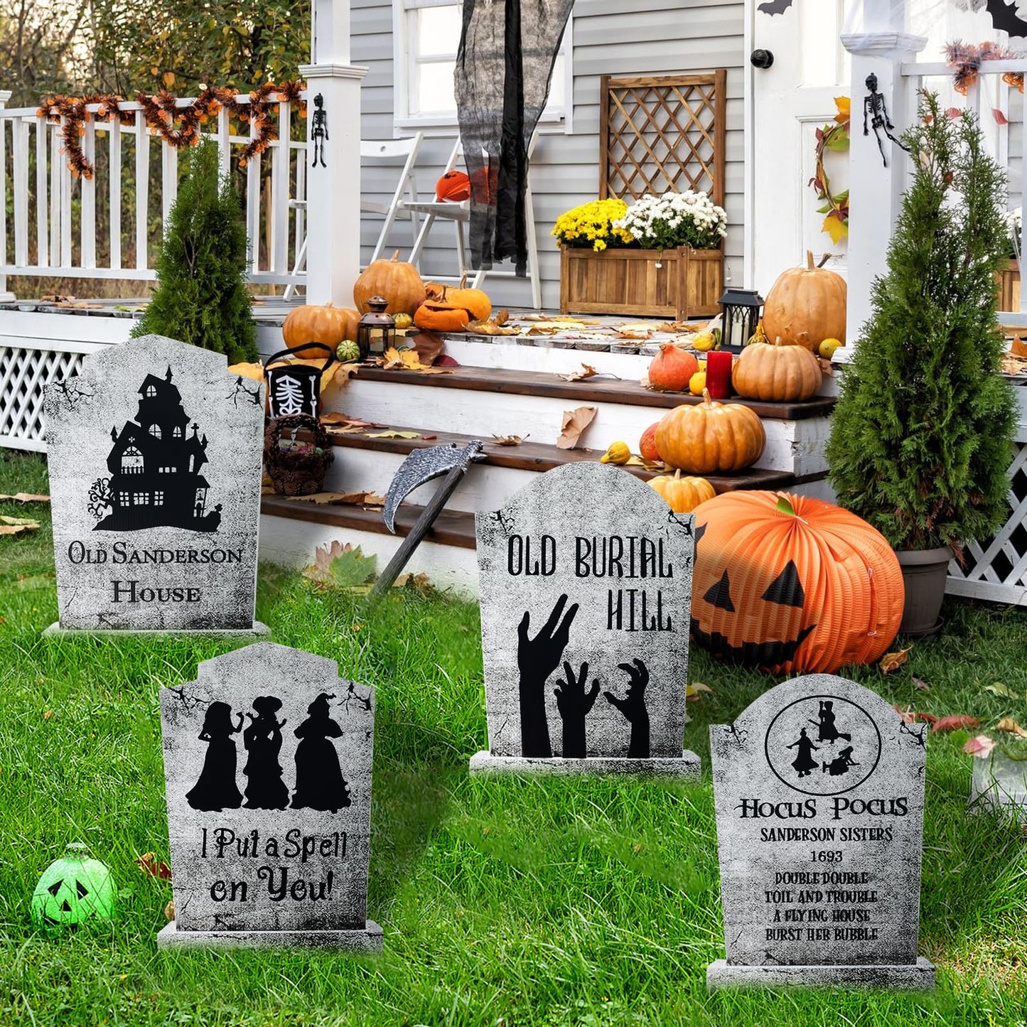 4PCS Halloween Decorations Outdoor Graveyard Tombstone Yard Sign with Stakes-16.5"X11.5"Large Halloween Graveyard Tombstones Decor Weatherproof-Gravestones Outdoor Patio Props-Kids Home Party