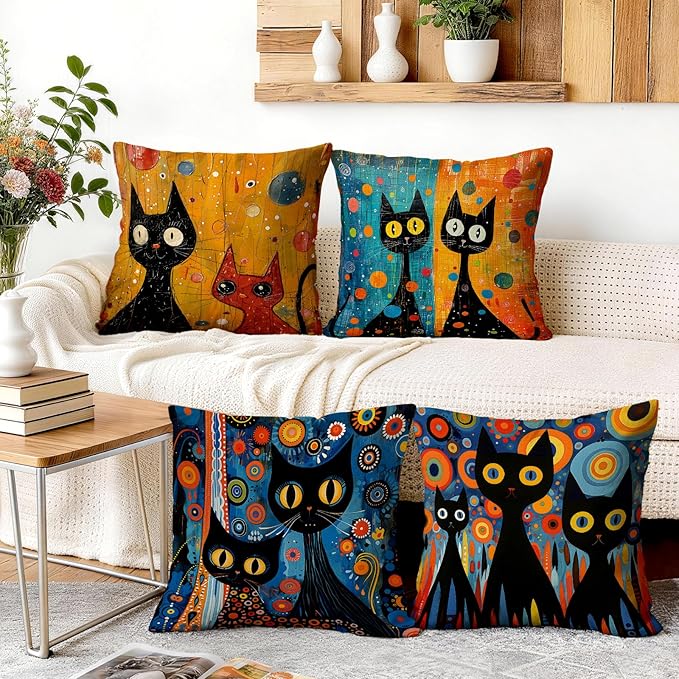 OBSEDE Black Cat Abstract Art Decorative Throw Pillow Covers 18 × 18 in