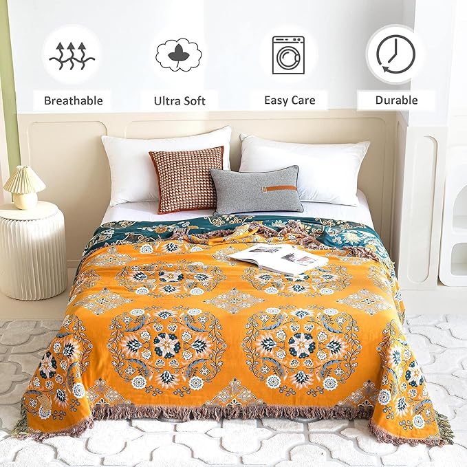 LUTBM Boho Throw Blanket for Bed 100% Cotton Soft Lightweight Quilt Reversible
