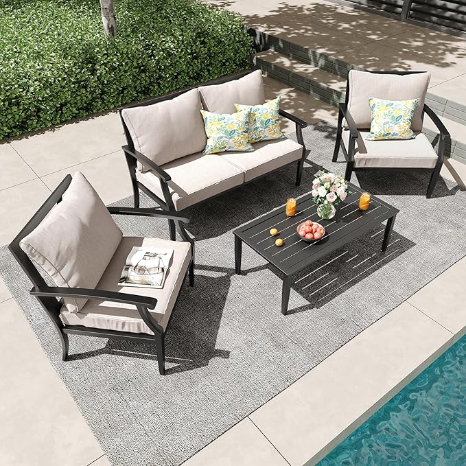4 Piece Outdoor Patio Furniture Set, Oversized Metal Conversation Set
