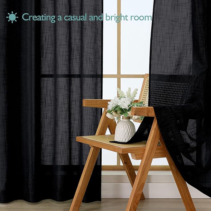Chyhomenyc Black Semi Sheer Curtains 84 Inches Long 2 Panels Set, Light