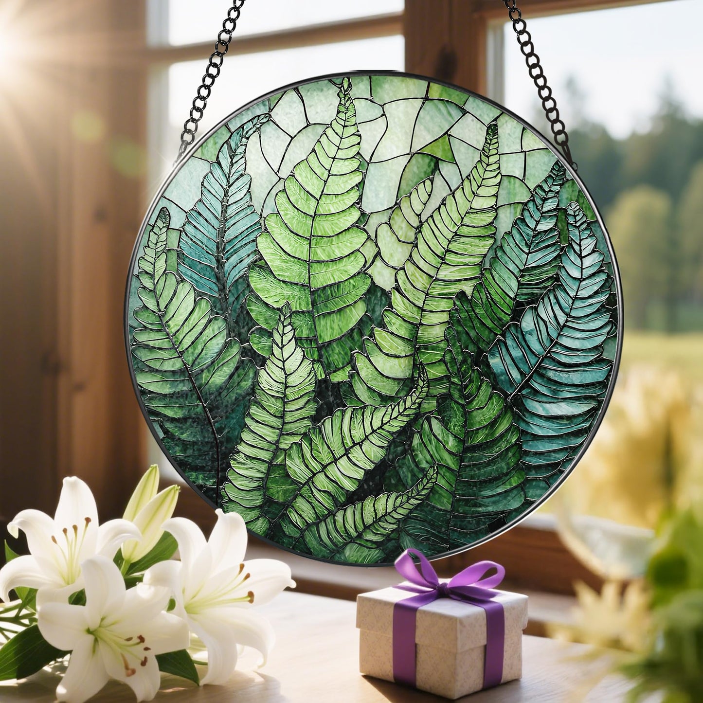 LAOWEIKI 8'' Fern Plant Sun Catcher Ornament, Stained Glass Window Hanging, Sun Catchers for Windows Hanging Ornaments, Window Decor | Plant Lover Gifts, Housewarming Gifts