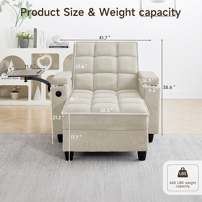 Oversized Recliner Chair with Swivel Tray Table, Modern Tufted Linen Fabric