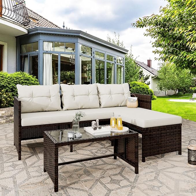 Vongrasig 3 Piece Patio Furniture Sets, All-Weather PE Wicker Outdoor Sofa