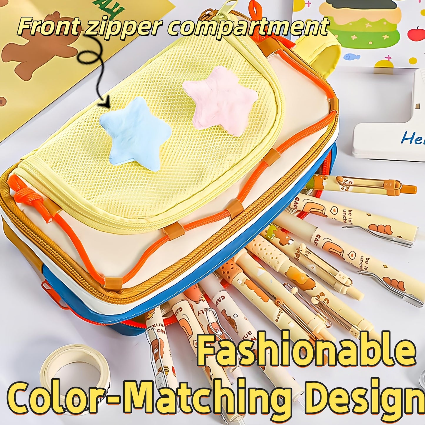 UIVXXUD Portable Multi-Layer Kawaii Star Pencil Case Organizer - Large Capacity Pencil Case with Compartments - Cute Pencil Pouch Functional Bag (Pink)