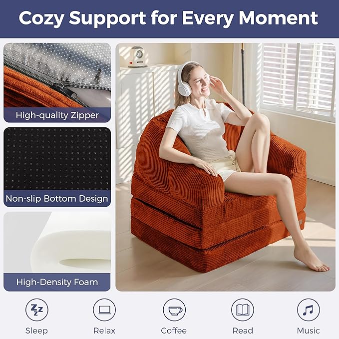 MAXYOYO Folding Sofa Bed with Backrest, Boneless Fold Out Couch Bed with Handle
