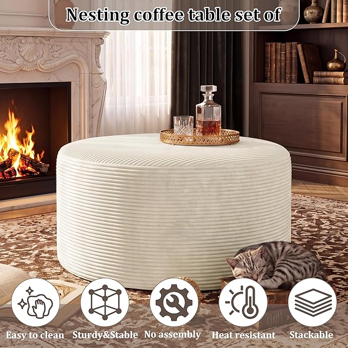 BSHOMGI Round Ottoman, Corduroy Ottomans Foot Stool, 27.5" Pouf Footstool