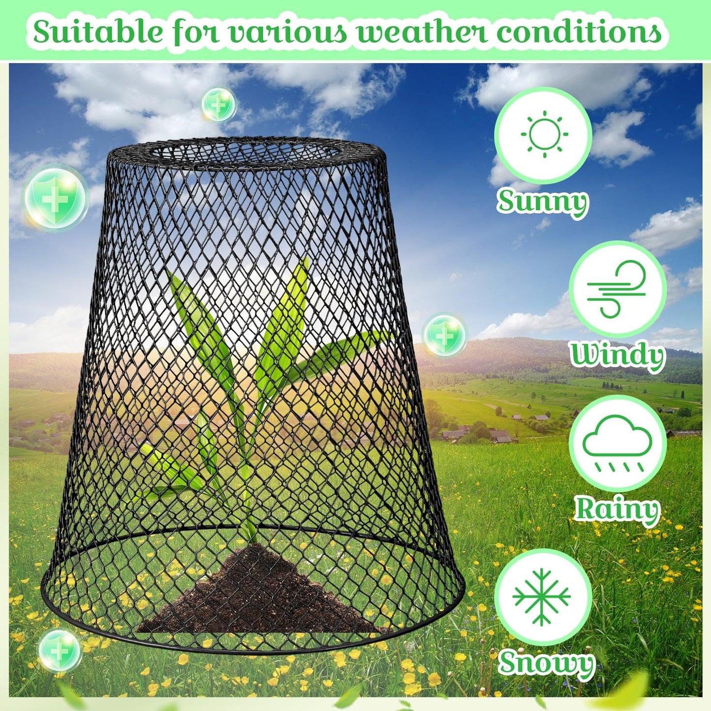 Therwen 15 Pcs Large Plant Wire Cloche 11 x 12 Inch Metal Garden Cloche with Garden Stakes Plant Protector from Animals for Keeping Bunnies Chicken Squirrels Birds (Black)